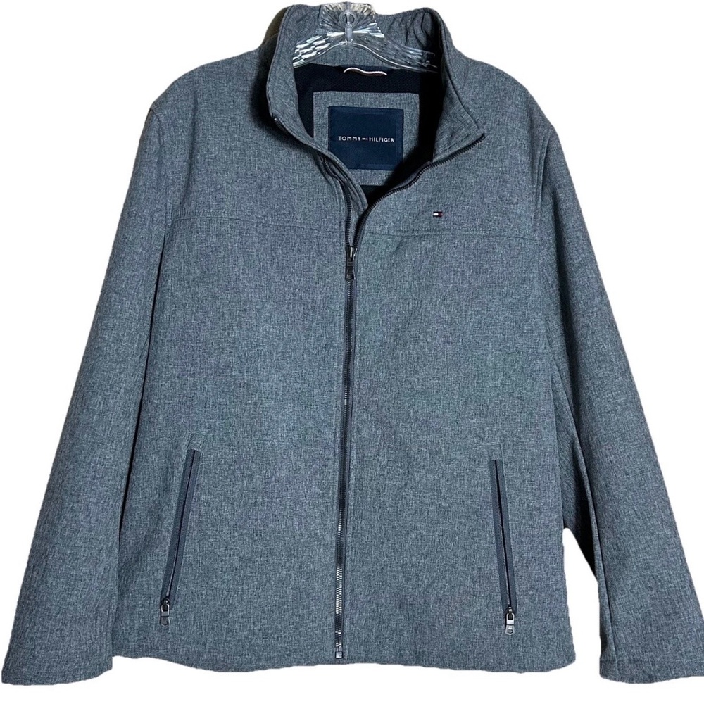 Tommy Hilfiger Jacket Mens Gray Softshell MicroFleece Lined, Zip Pockets, Med